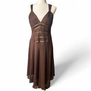 2000s Whimsigoth Brown Maxi Dress w Gold Trim & Pleated Bodice